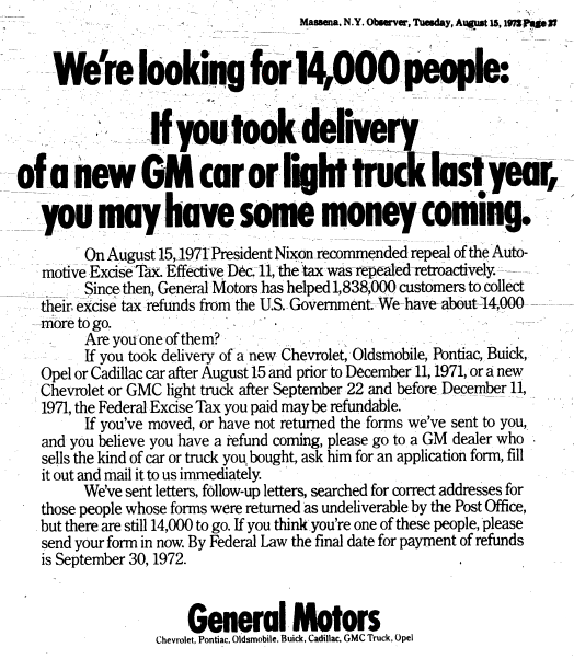 newpaper ad by General Motors seeking 1972 automobile federal excise tax refunds owners
