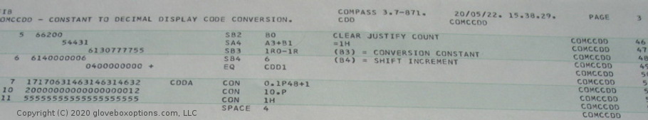 example of gloveboxoptions Control Data Corporation CDC COMPASS Assembler octal and source code listing custom impact printer printed program hard copy printout on green bar tractor feed continuous paper