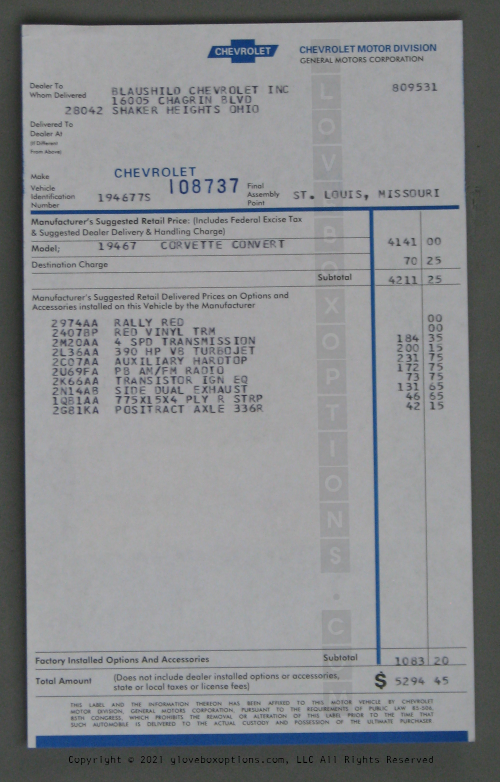 Corvette Reproduction Window Stickers Impact Printer Printed