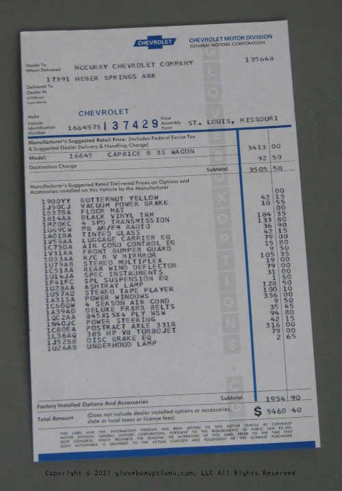 Chevrolet Reproduction Window Stickers Impact Printer Printed (All)