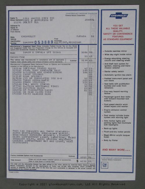 Impala/Caprice/Bel Air Reproduction Window Stickers Impact Printer Printed