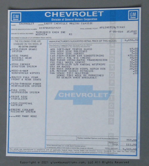 Chevelle/Malibu Reproduction Window Stickers Impact Printer Printed