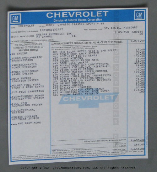 Impala/Caprice/Bel Air Reproduction Window Stickers Impact Printer Printed