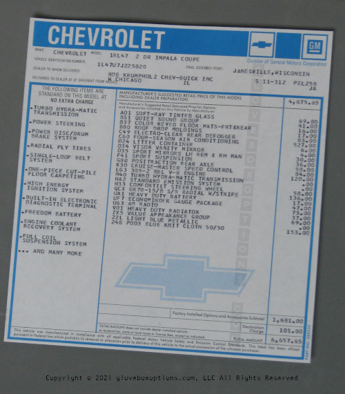 Impala/Caprice/Bel Air Reproduction Window Stickers Impact Printer Printed